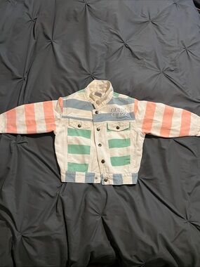 GUESS Kids White Denim Jacket with Coral, Mint & Blue Stripes